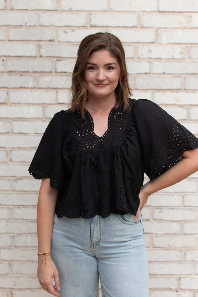 Kasey Eyelet V-Neck Top