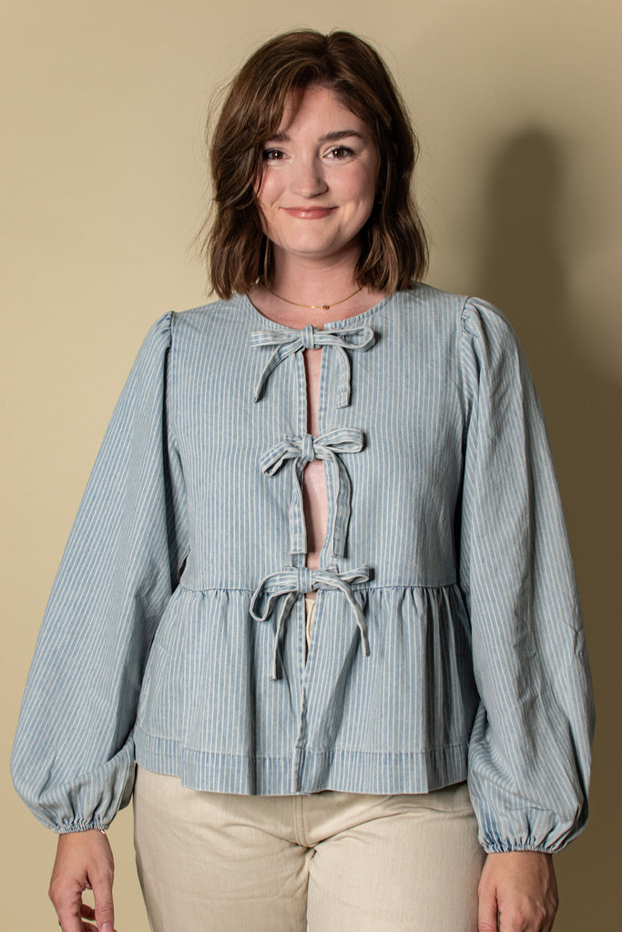 Maeve Denim Bow Tie Blouse in Stripe