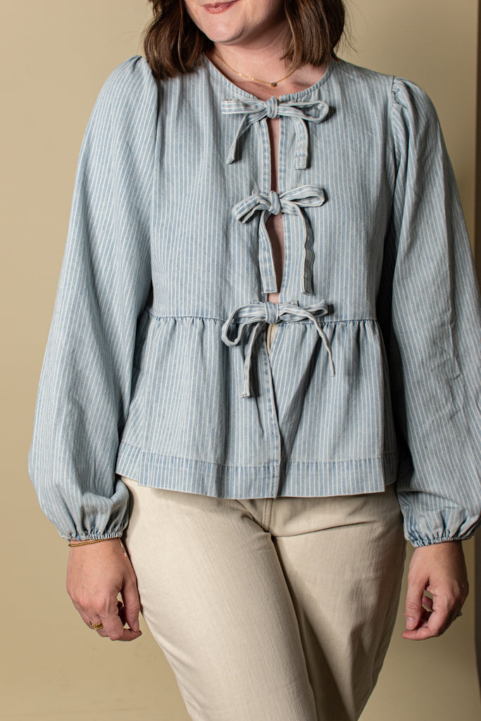 Maeve Denim Bow Tie Blouse in Stripe