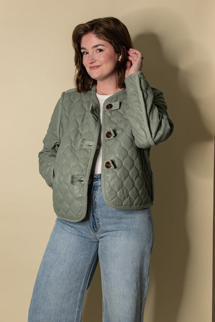 Harlow Faux Leather Quilted Button Jacket