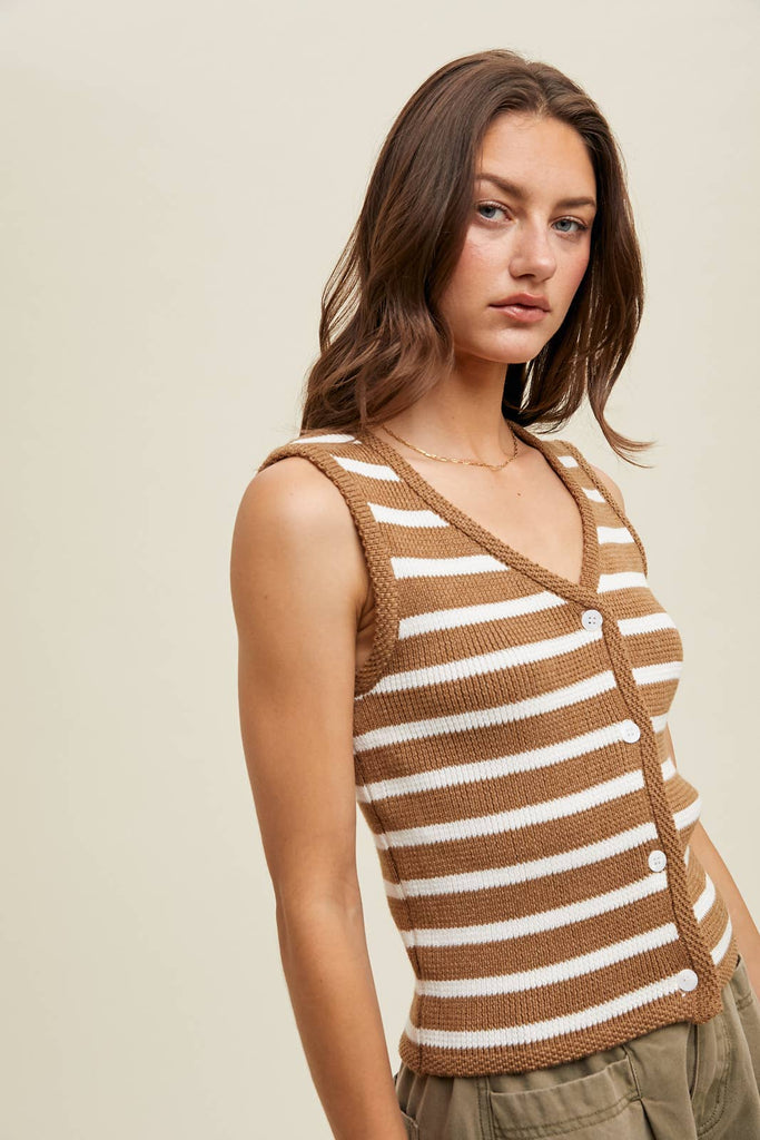 Kaia Striped Button Front Sweater Vest